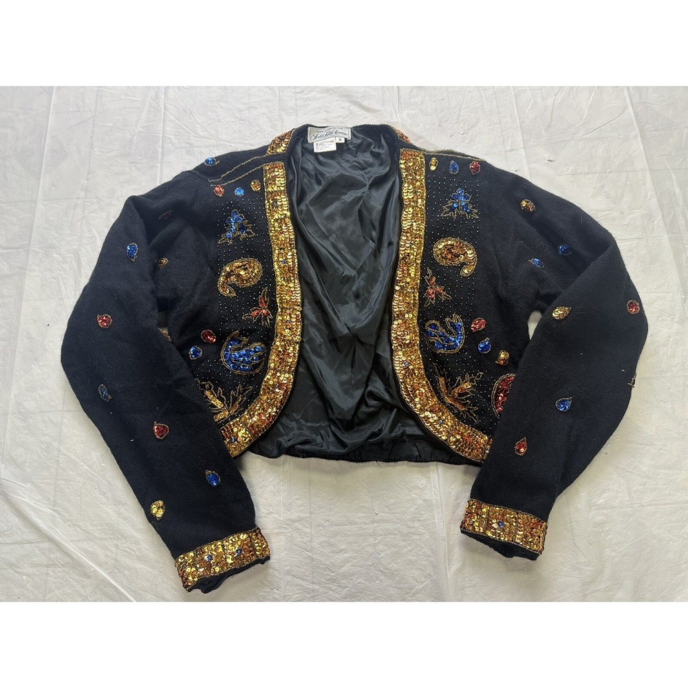 Vintage SAKS 5TH AVENUE Black Beaded Sequin Lambswool Cardigan Size Medium